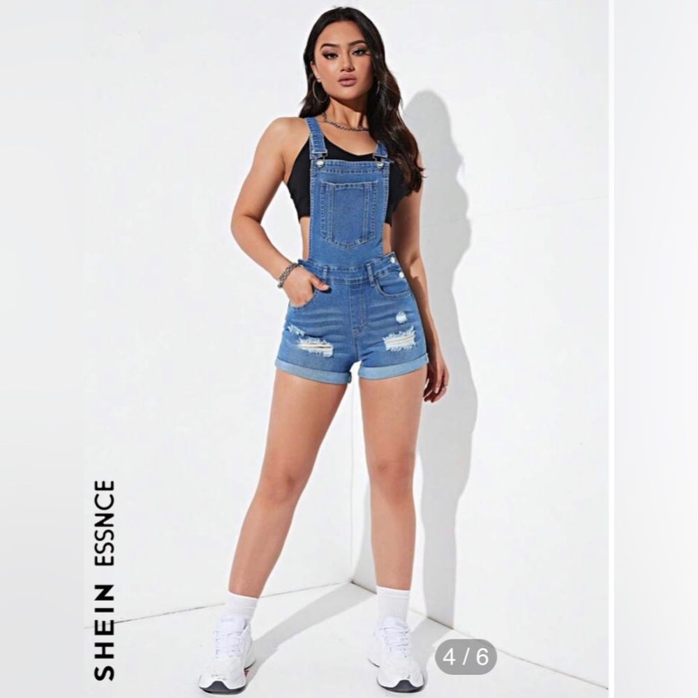 SHEIN Essnce Ripped Roll Up Hem Denim Overalls Without Tank Top